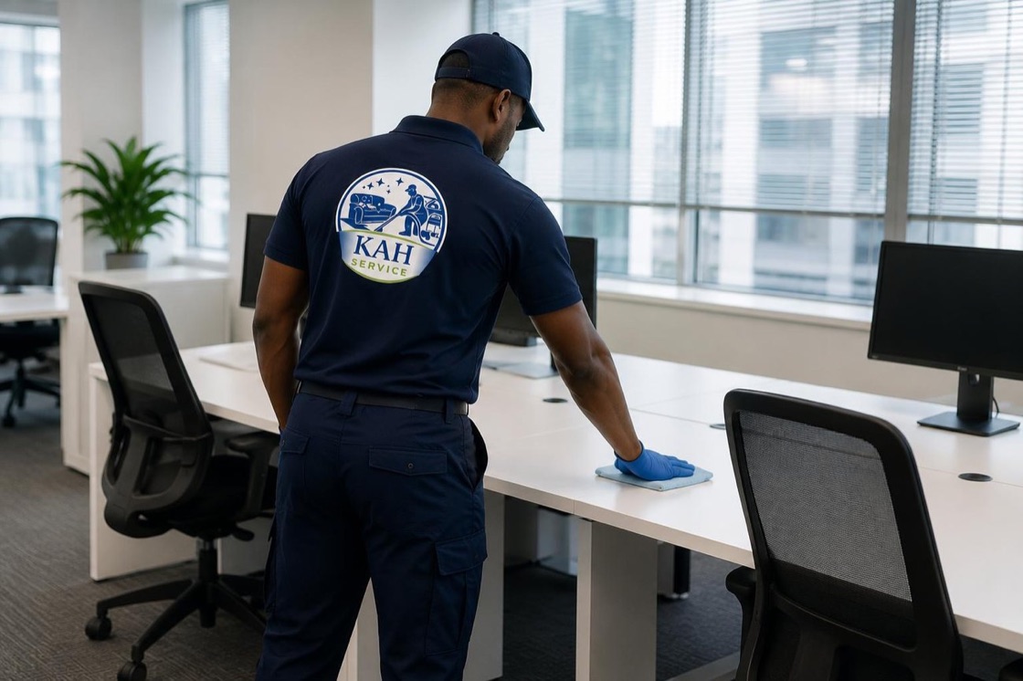 Technicien KAH Services entretenant des bureaux à Genève